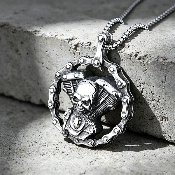 Motorcycle Chain Skull Engine Pendant Necklace