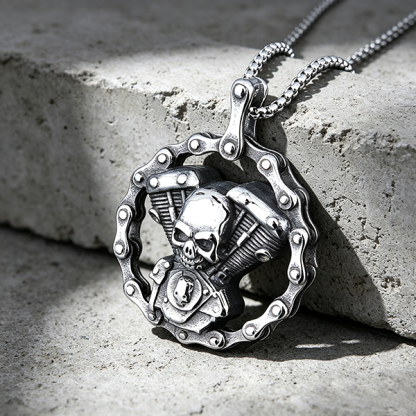 Motorcycle Chain Skull Engine Pendant Necklace