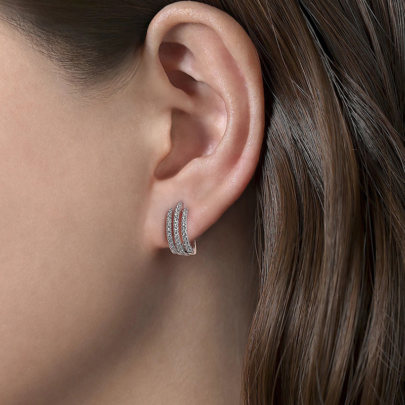 Triple Row Paved Huggie Earrings