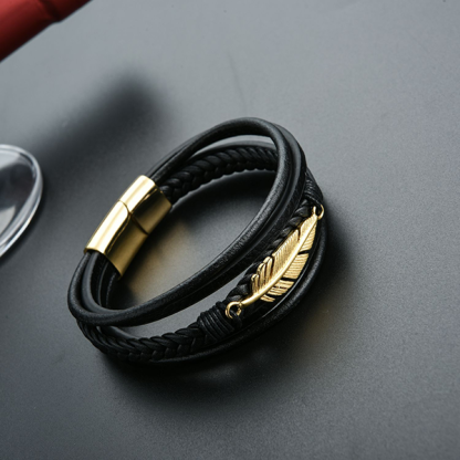 Viking Feather Braided Leather Bracelet