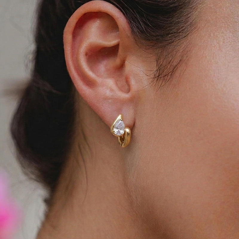 Teardrop CZ Twisted Huggie Hoop Earrings