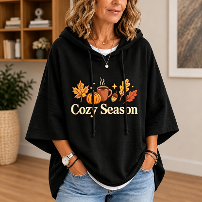 Cozy Season Fall Pumpkin Coffee Graphic Short Sleeve Hoodie, Autumn Maple Leaf 100% Cotton Casual Hooded Top