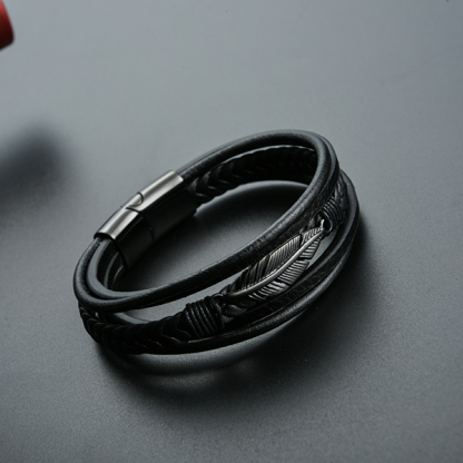 Viking Feather Braided Leather Bracelet