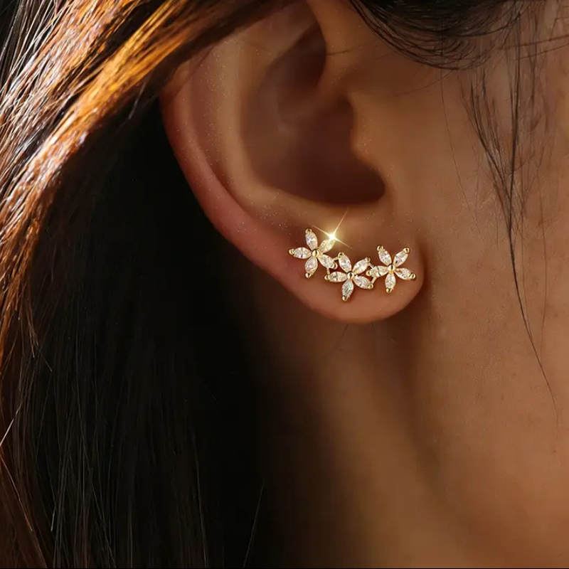 Triple Flower Zircon Stud Earrings