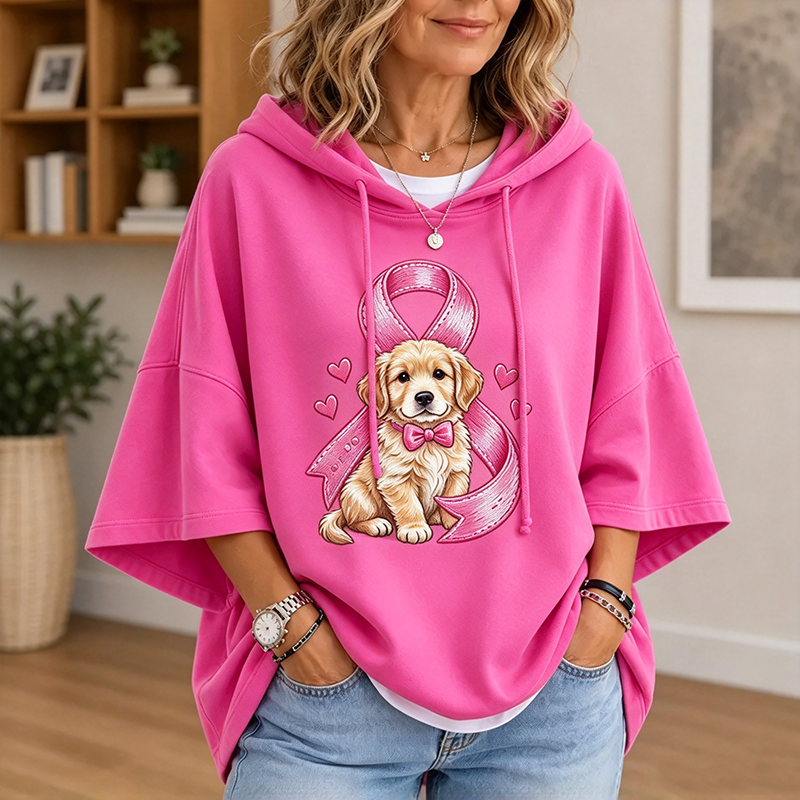 Puppy Pink Ribbon Hoodie | Breast Cancer Awareness Oversized Hoodie