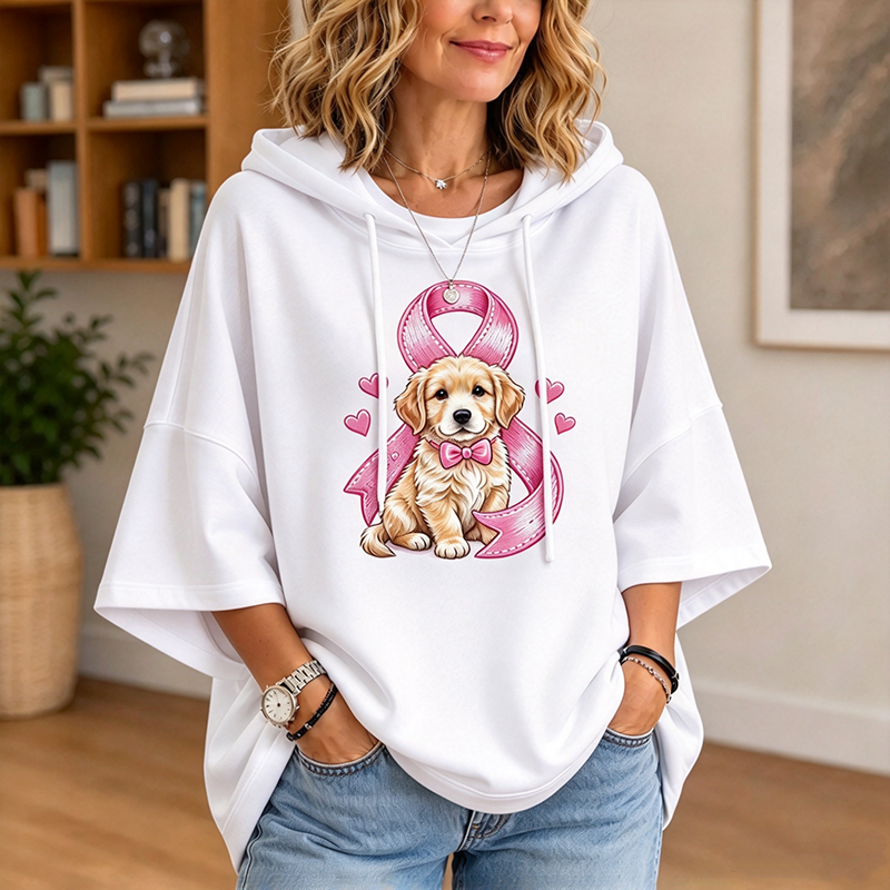 Puppy Pink Ribbon Hoodie | Breast Cancer Awareness Oversized Hoodie