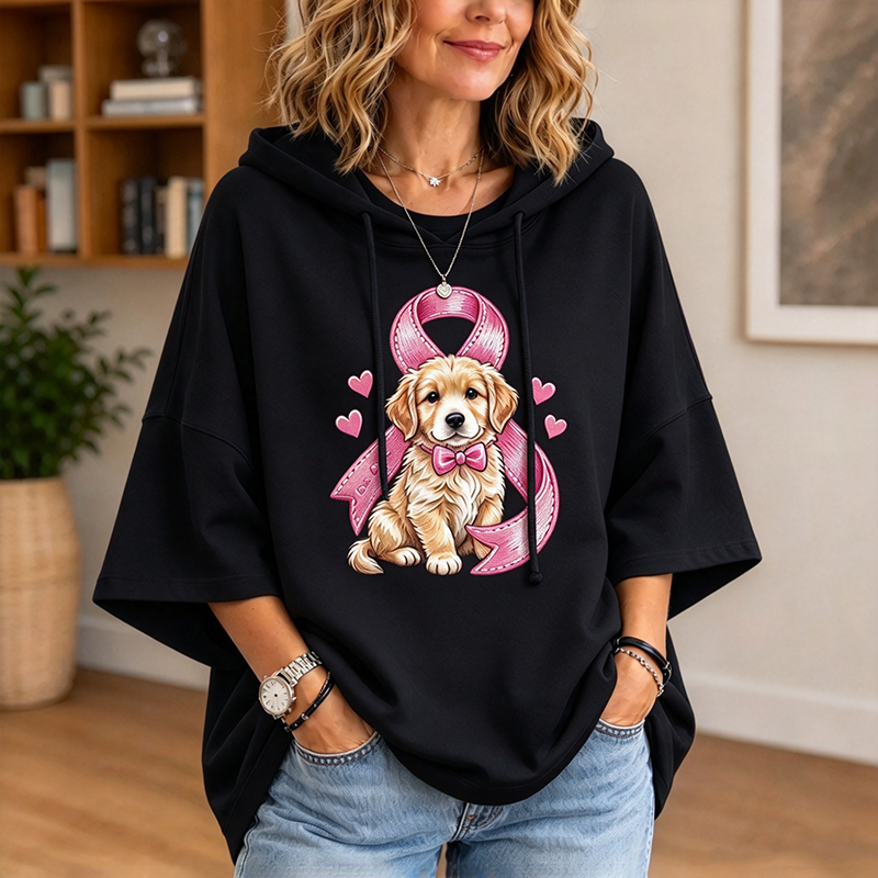 Puppy Pink Ribbon Hoodie | Breast Cancer Awareness Oversized Hoodie