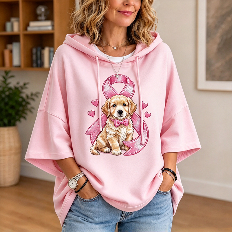 Puppy Pink Ribbon Hoodie | Breast Cancer Awareness Oversized Hoodie