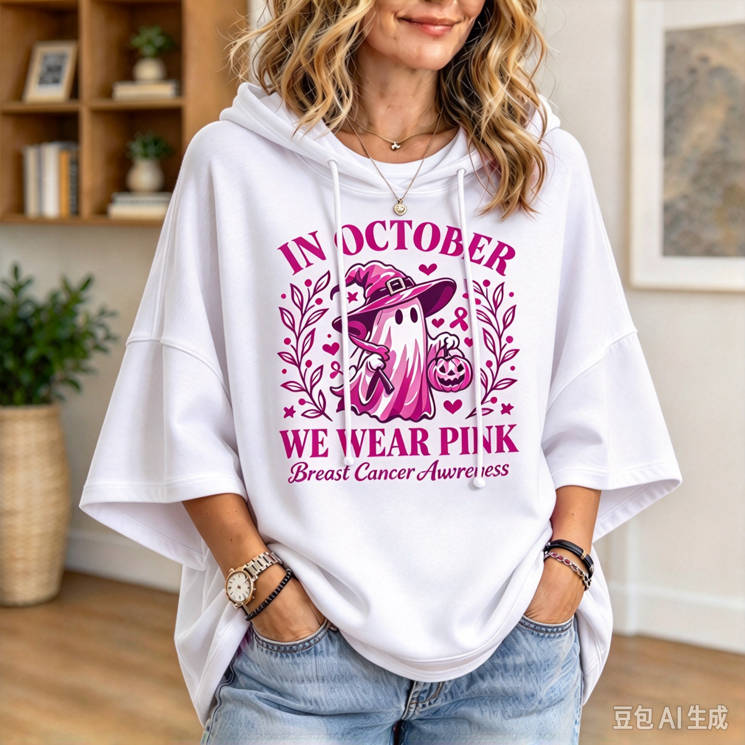 Ribbon Awareness Hoodie | Pink Ghost Oversized Hoodie