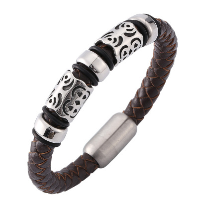 Vintage Totem Braided Leather & Steel Bracelet