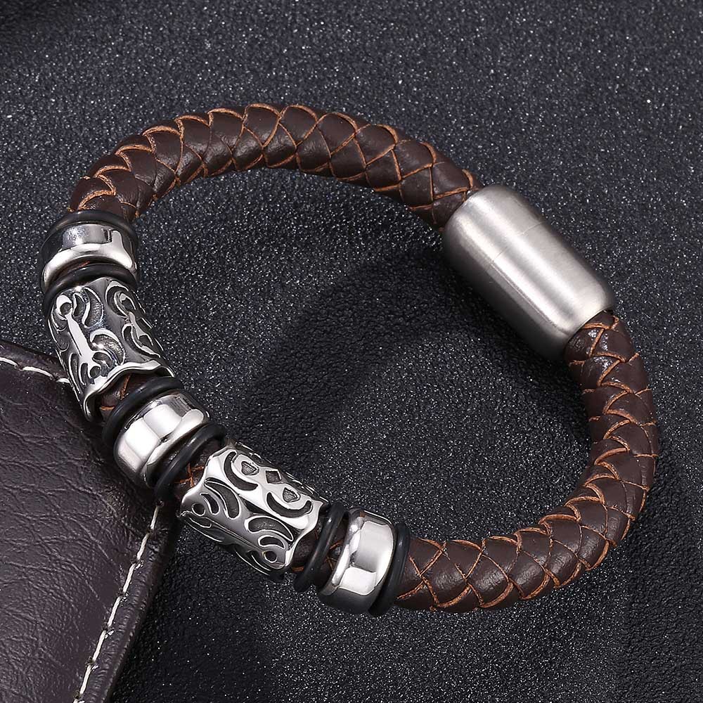 Vintage Totem Braided Leather & Steel Bracelet