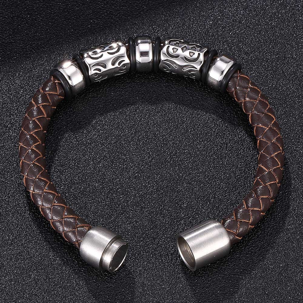 Vintage Totem Braided Leather & Steel Bracelet