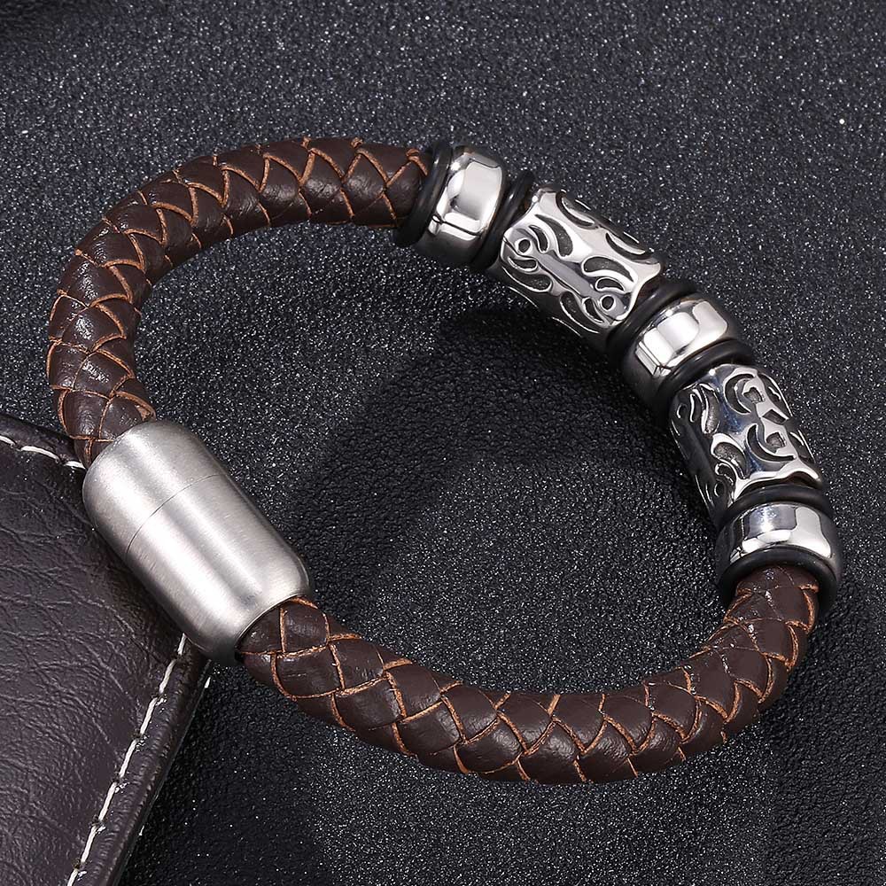 Vintage Totem Braided Leather & Steel Bracelet