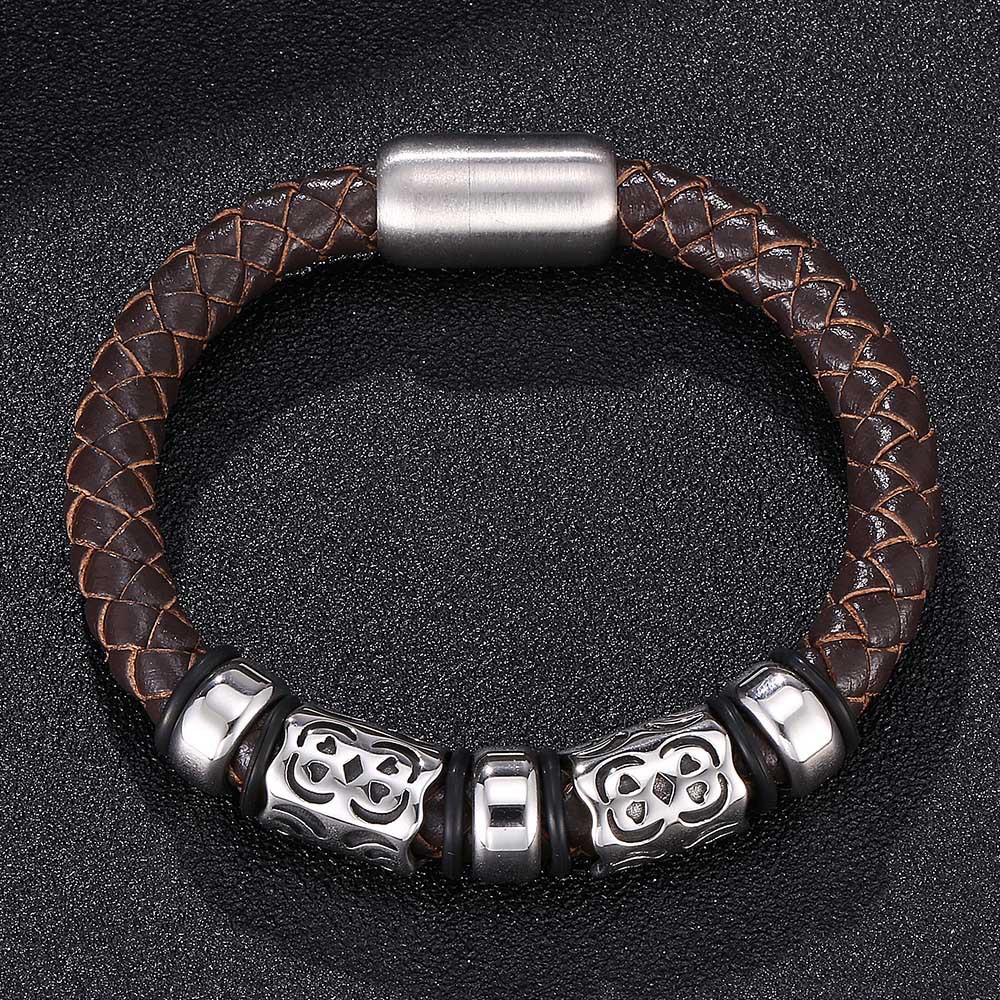 Vintage Totem Braided Leather & Steel Bracelet
