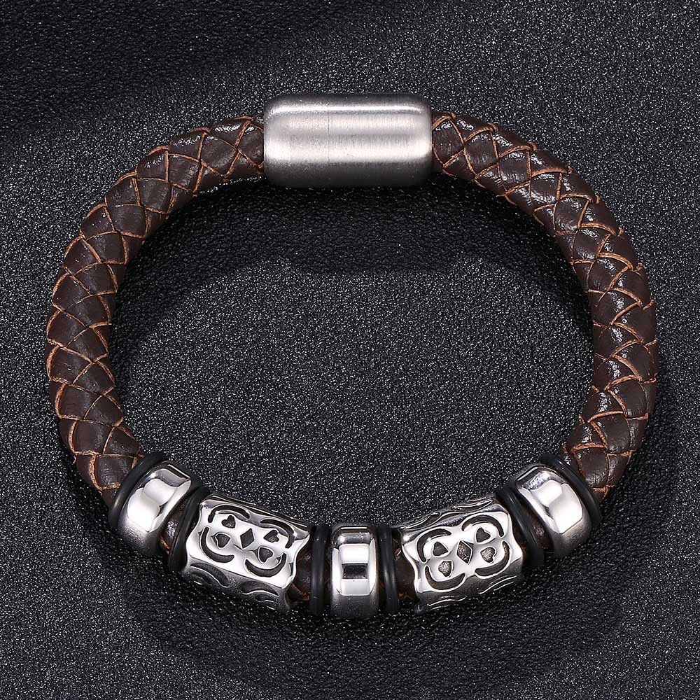Vintage Totem Braided Leather & Steel Bracelet