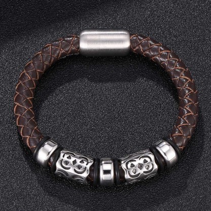 Vintage Totem Braided Leather & Steel Bracelet