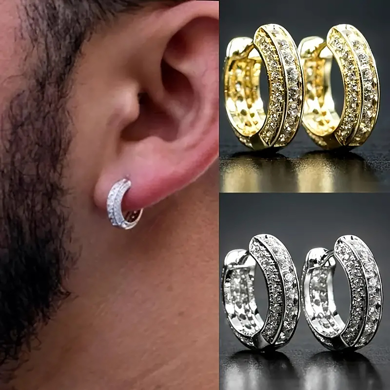 Double Row Pave CZ Huggie Hoop Earrings
