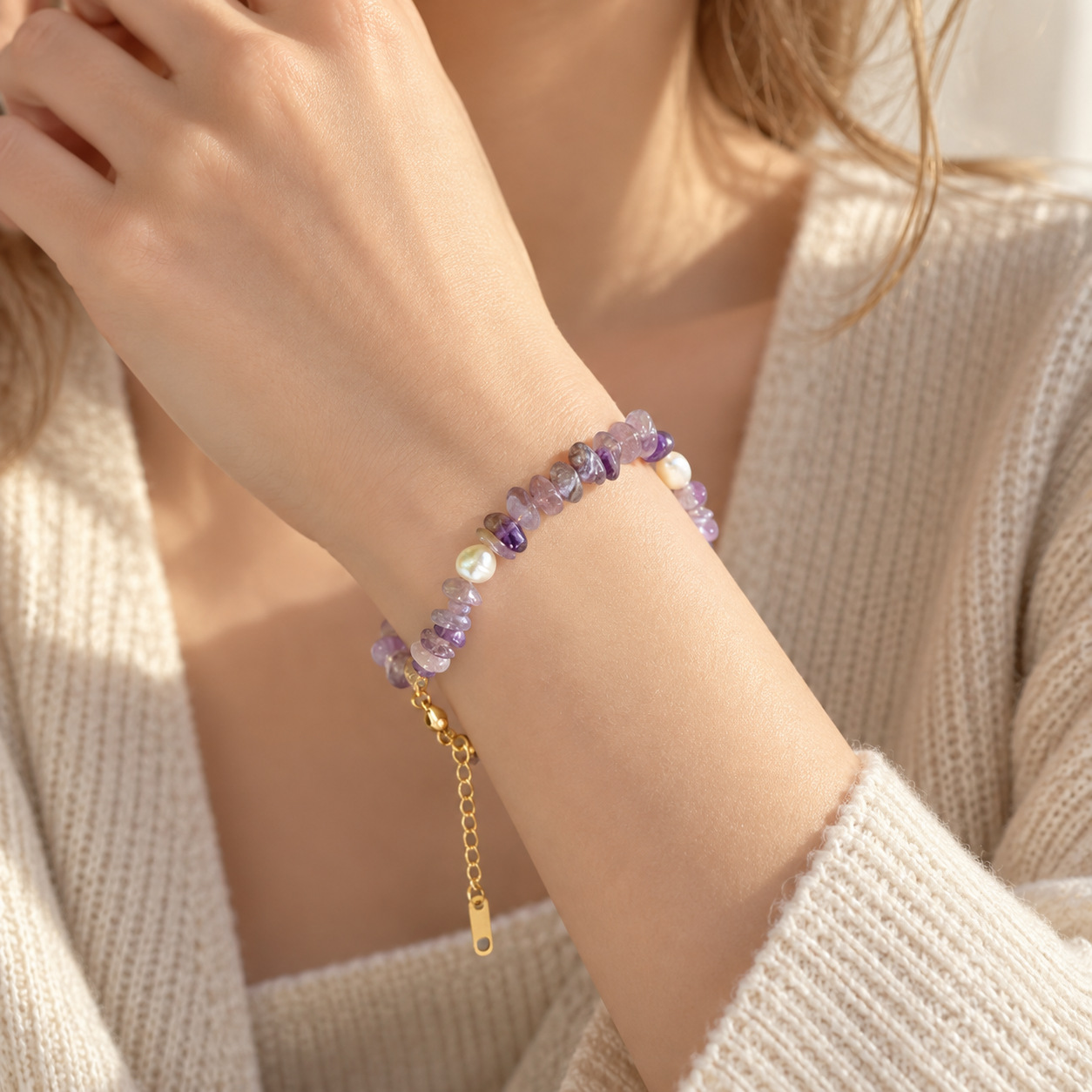 Amethyst Freshwater Pearl Chip Bead Bracelet