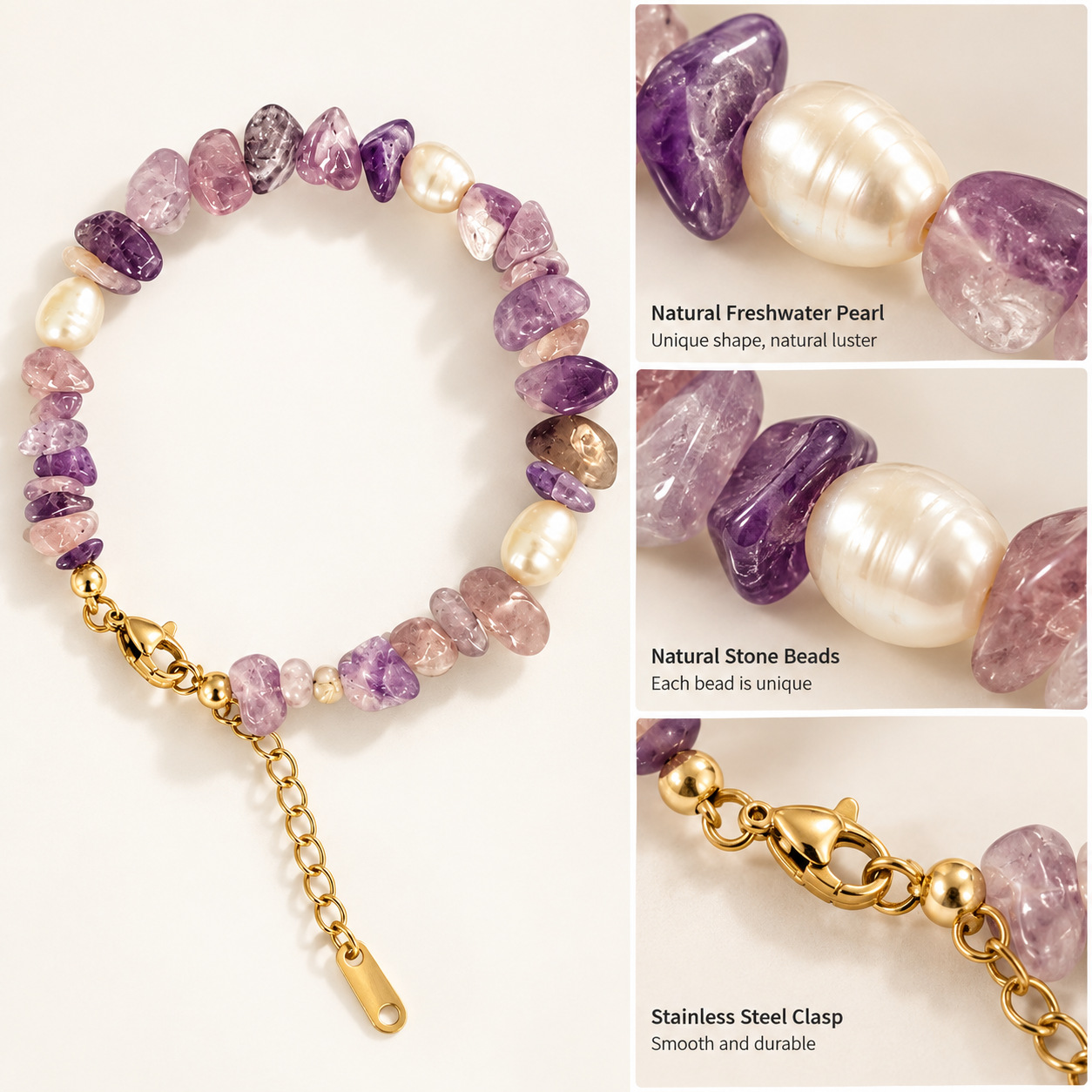 Amethyst Freshwater Pearl Chip Bead Bracelet