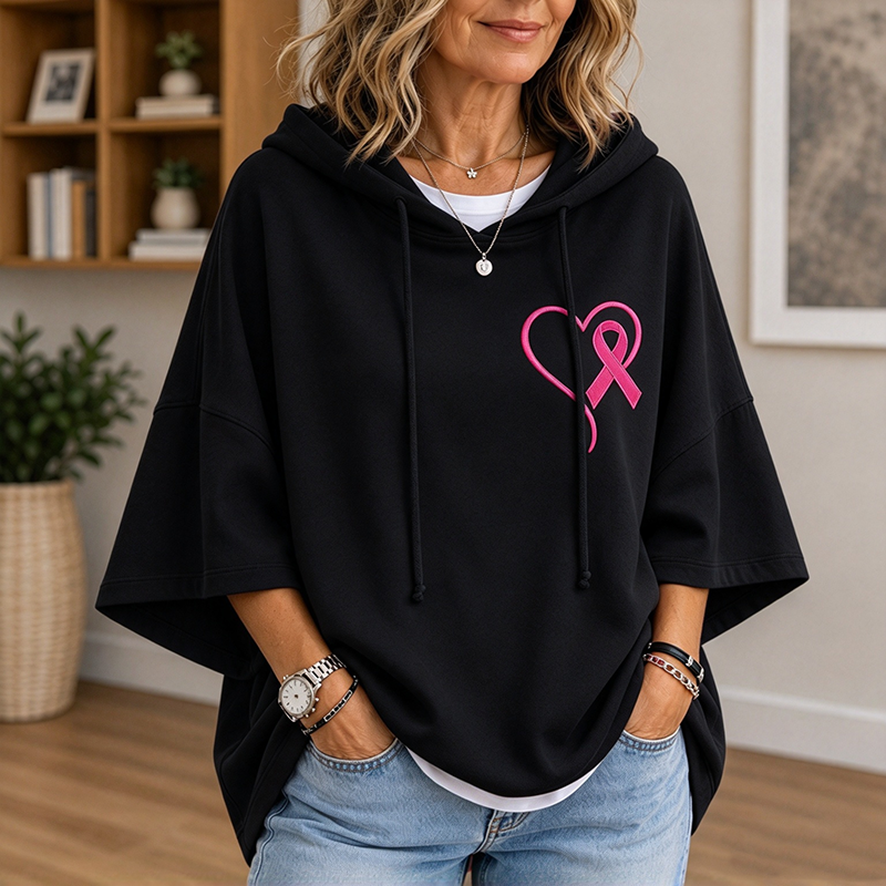 Ribbon Awareness Hoodie | Pink Heart Oversized Hoodie