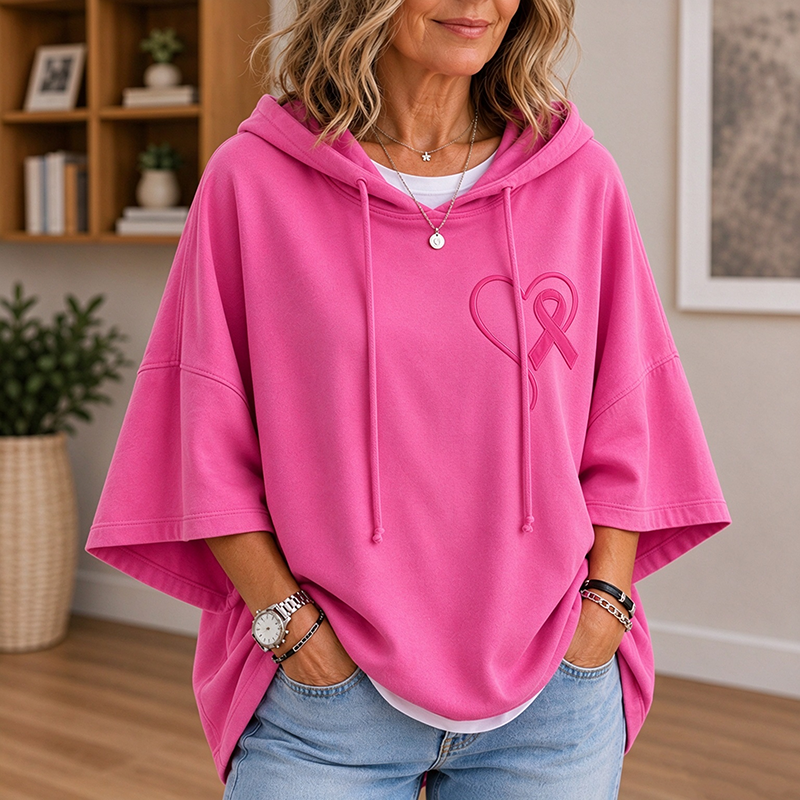 Ribbon Awareness Hoodie | Pink Heart Oversized Hoodie