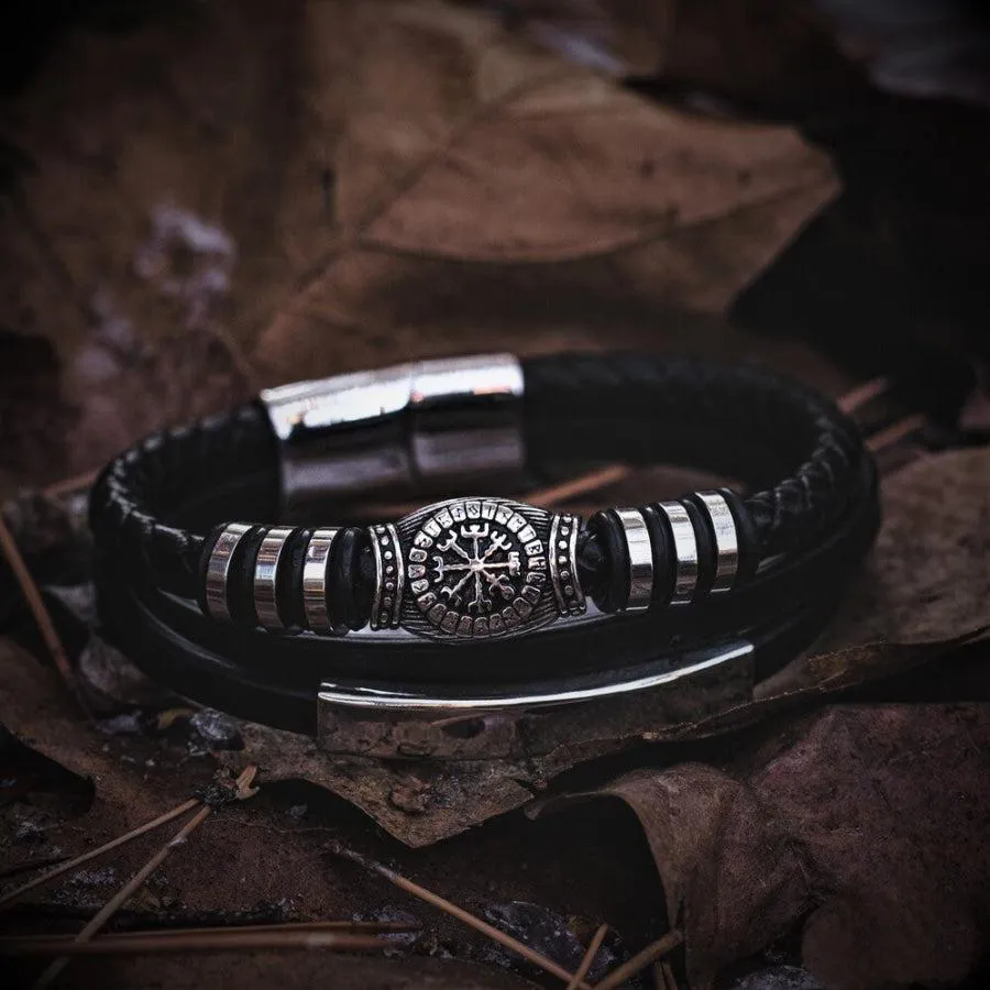 Runic Vegvisir Compass Leather Bracelet
