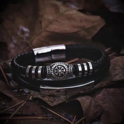 Runic Vegvisir Compass Leather Bracelet