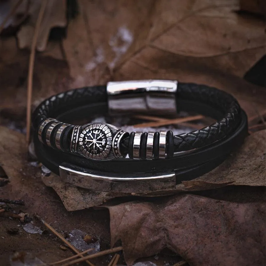 Runic Vegvisir Compass Leather Bracelet