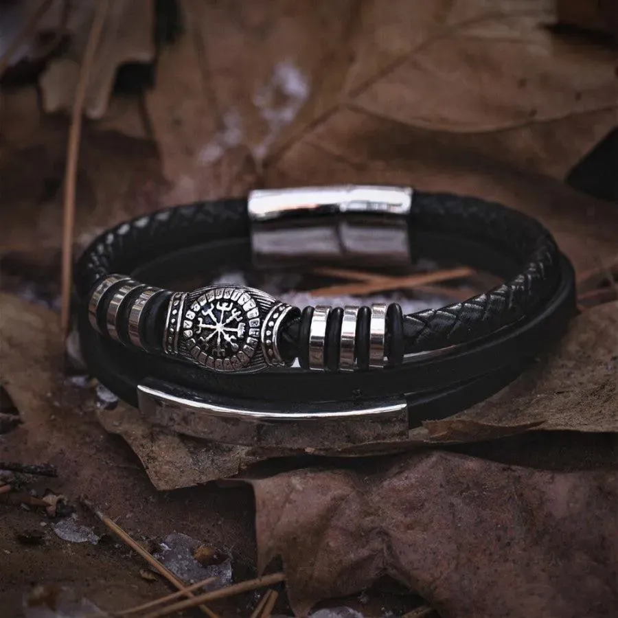 Runic Vegvisir Compass Leather Bracelet