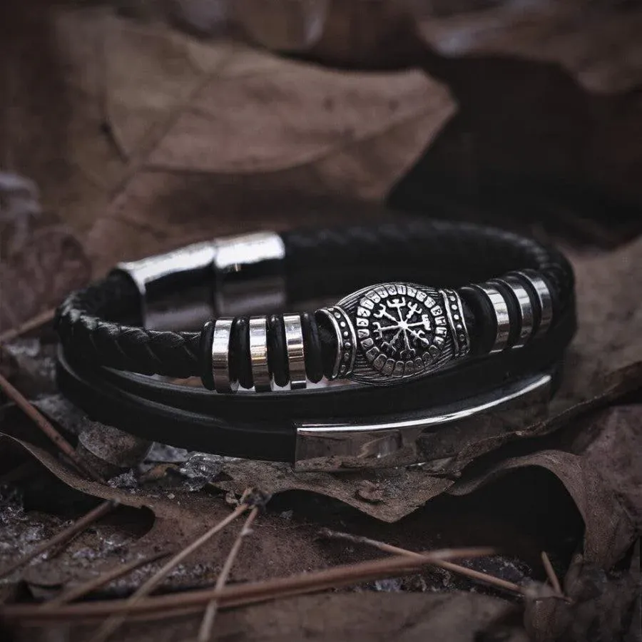 Runic Vegvisir Compass Leather Bracelet