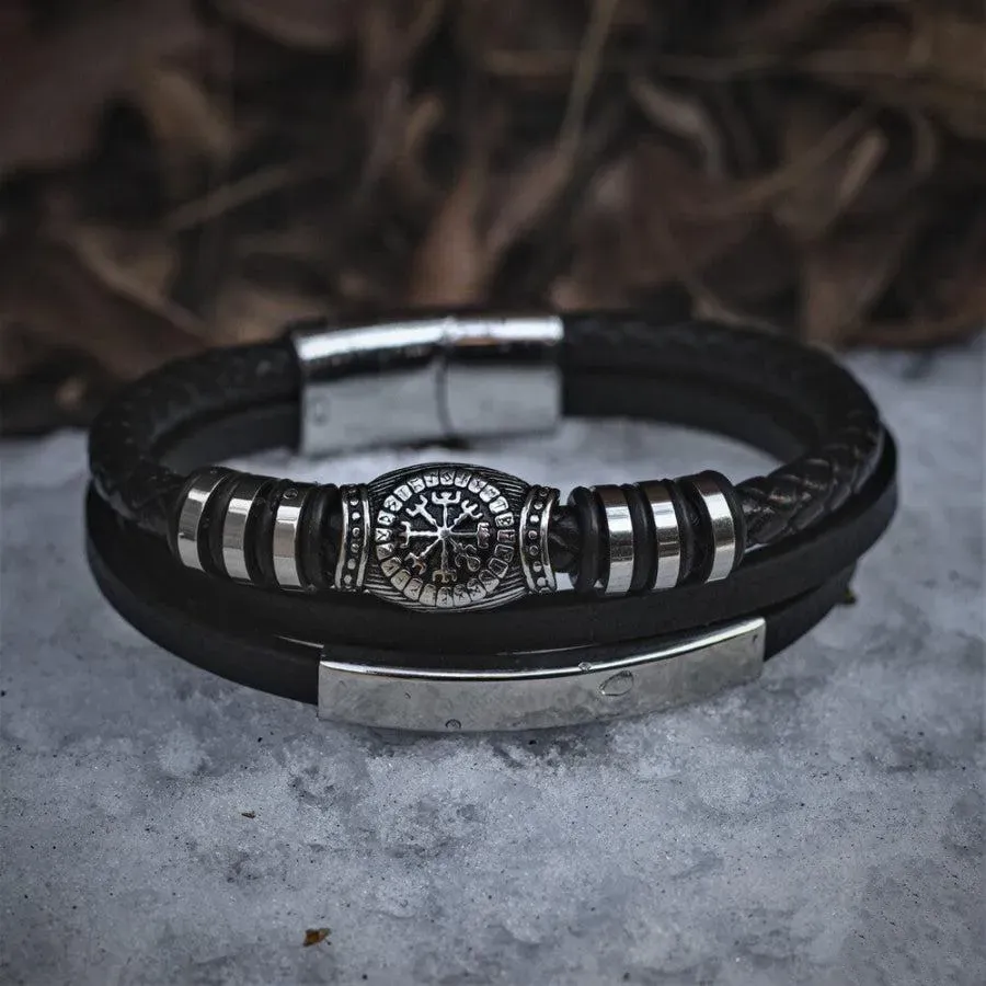 Runic Vegvisir Compass Leather Bracelet