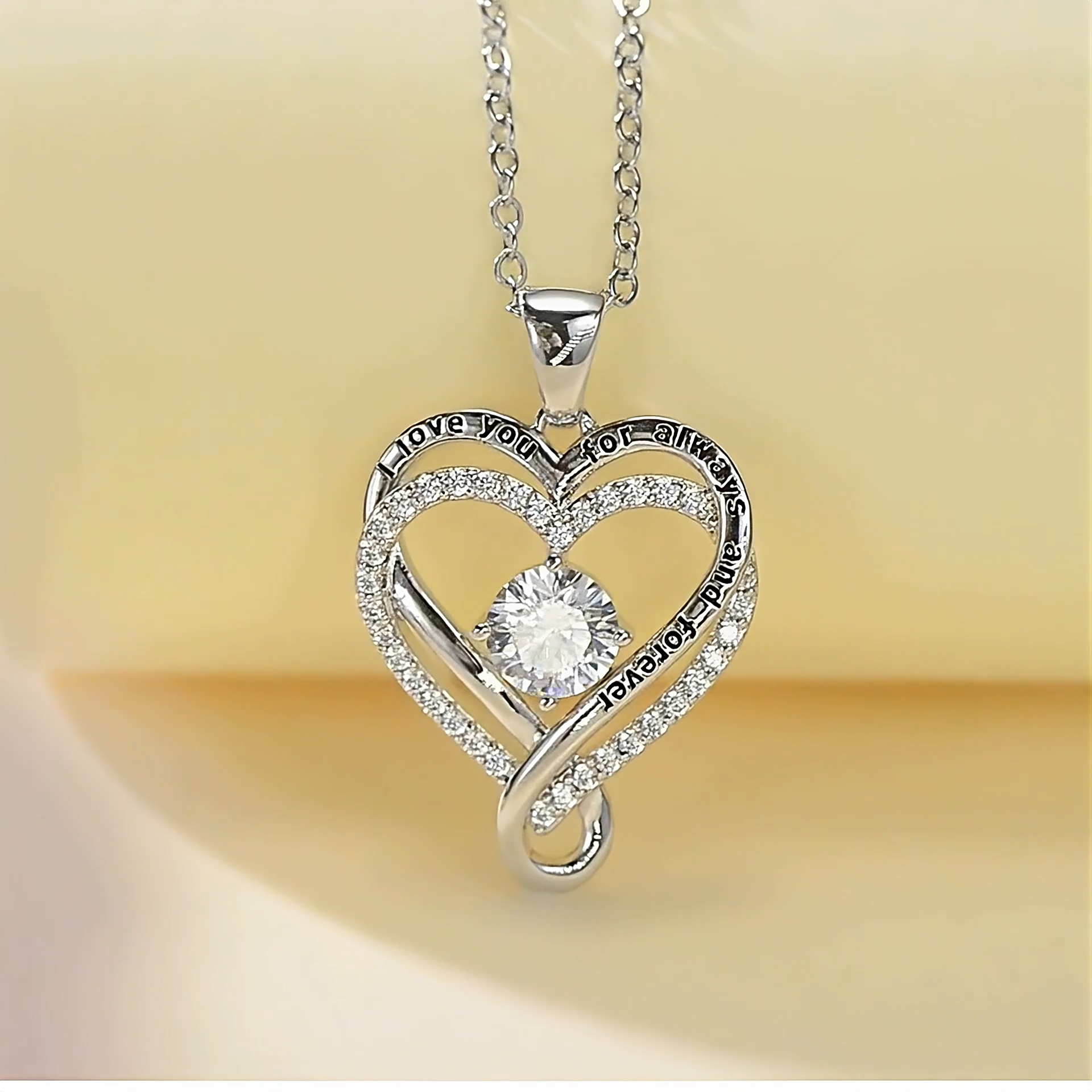 S925 Sterling Silver Engraved Heart Necklace for Lover with Wooden Gift Box & Message Card