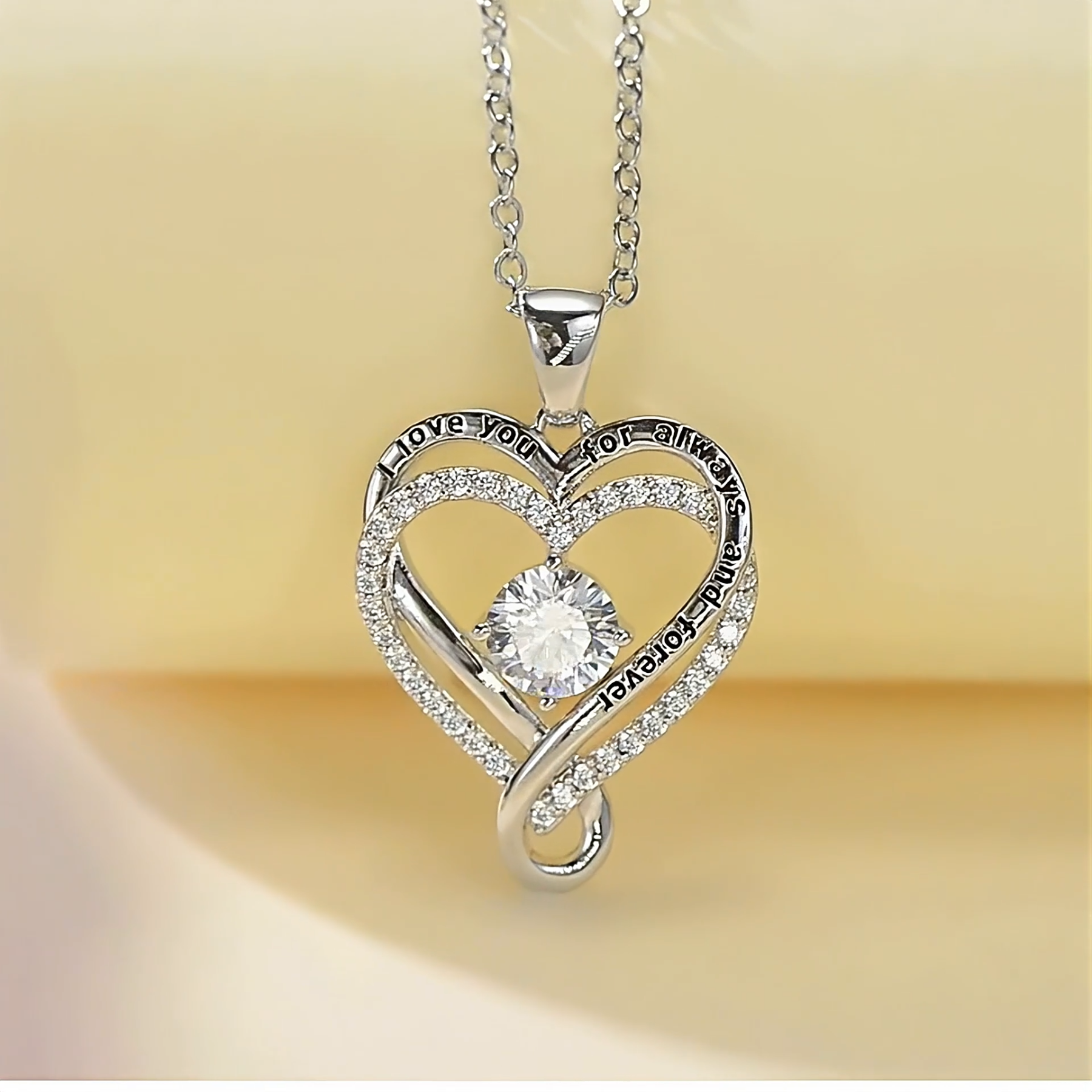 S925 Sterling Silver Engraved Heart Necklace for Lover with Wooden Gift Box & Message Card