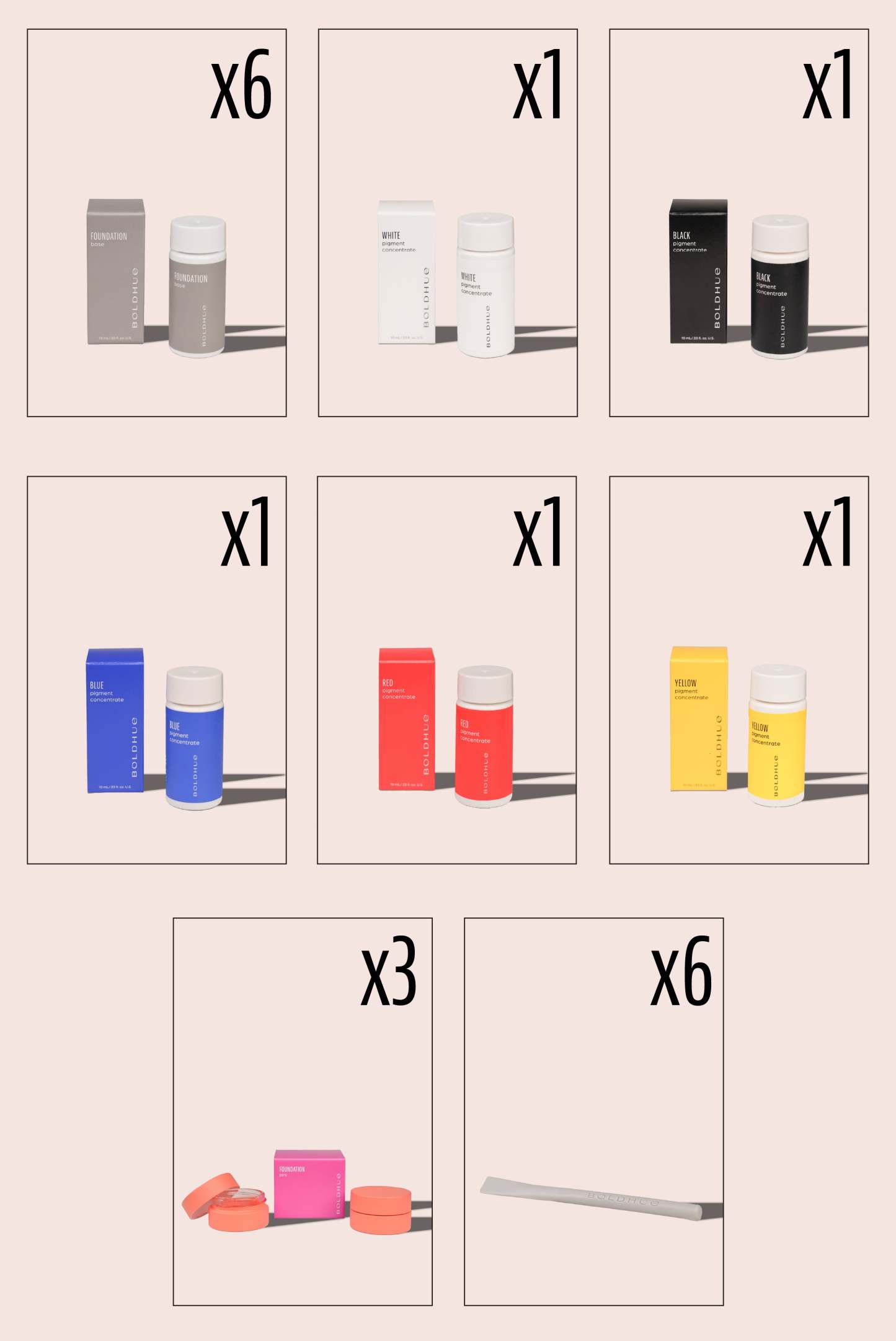a graphic showing the quantities of the bundle: 6 base cartridges, 1 white cartridge, 1 black cartridge, 1 blue cartridge, 1 red cartridge, 1 yellow cartridge, 3 two-pack storage jars and 6 mixing spatulas