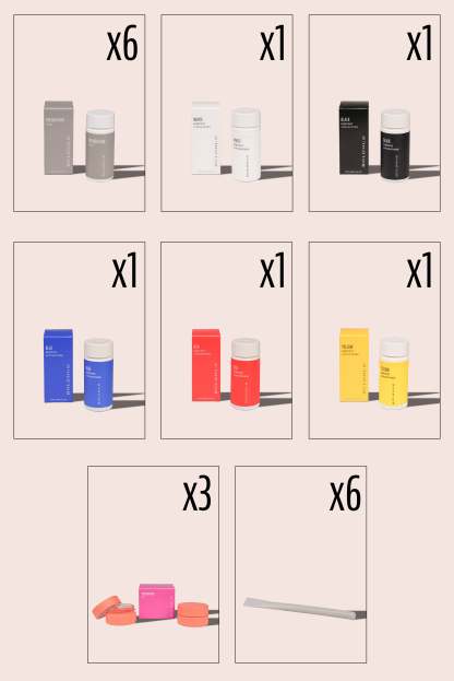 a graphic showing the quantities of the bundle: 6 base cartridges, 1 white cartridge, 1 black cartridge, 1 blue cartridge, 1 red cartridge, 1 yellow cartridge, 3 two-pack storage jars and 6 mixing spatulas