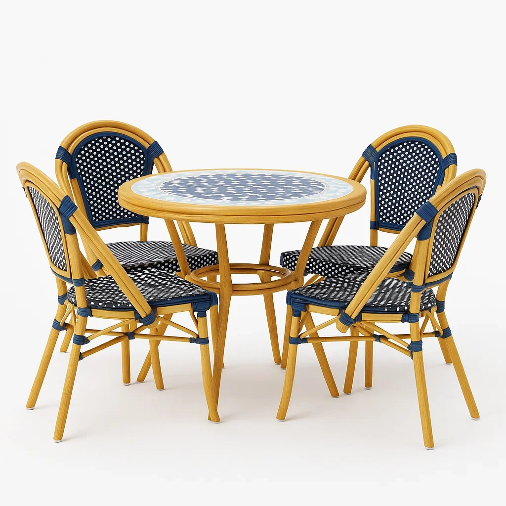 Set da pranzo per patio in rattan giallo e blu con tavolo e sedie