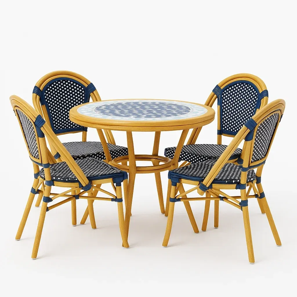 Set da pranzo per patio in rattan giallo e blu con tavolo e sedie