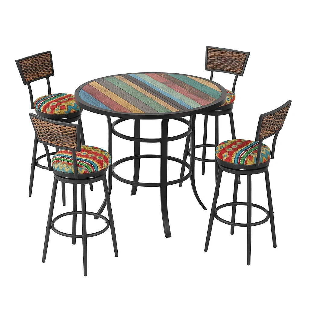 Set da pranzo per patio in legno e metallo multicolore con tavolo e sgabelli