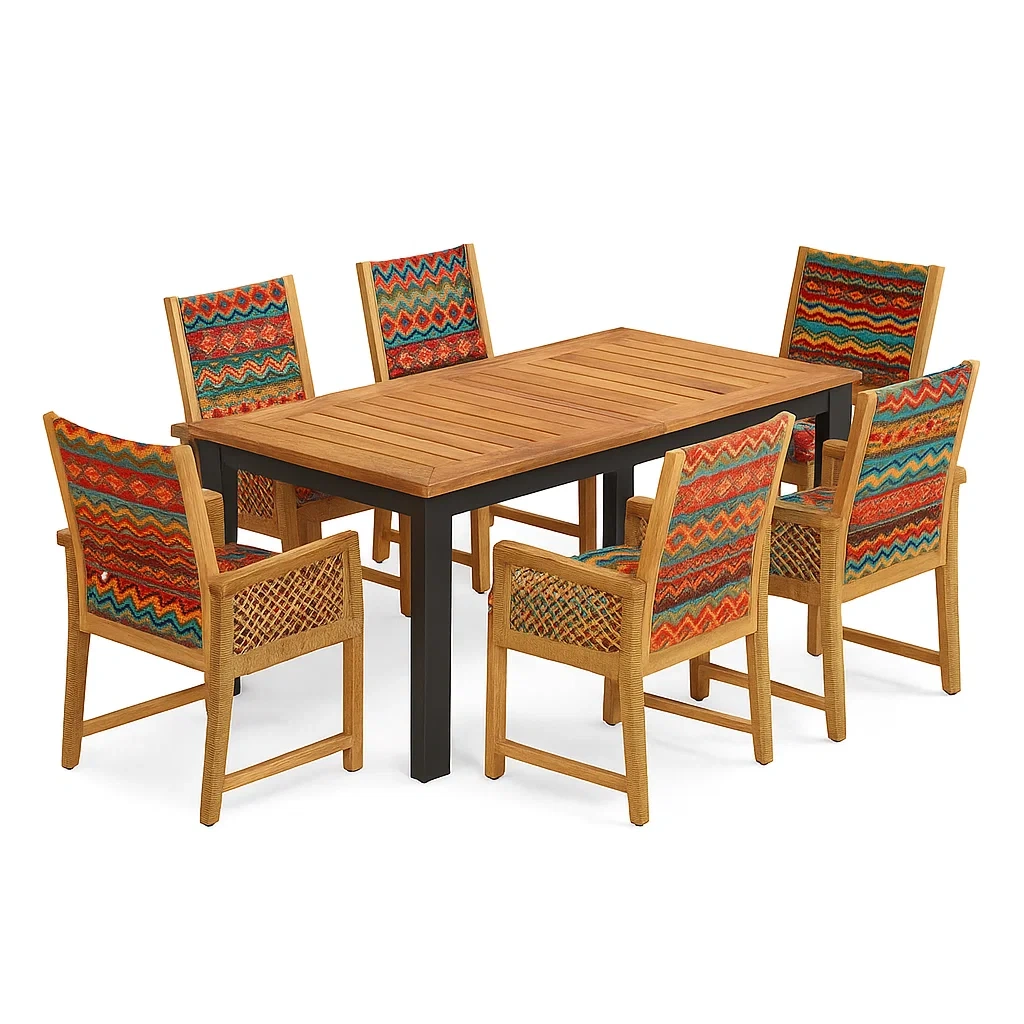 Set da pranzo per patio in legno e alluminio con 6 sedie multicolori