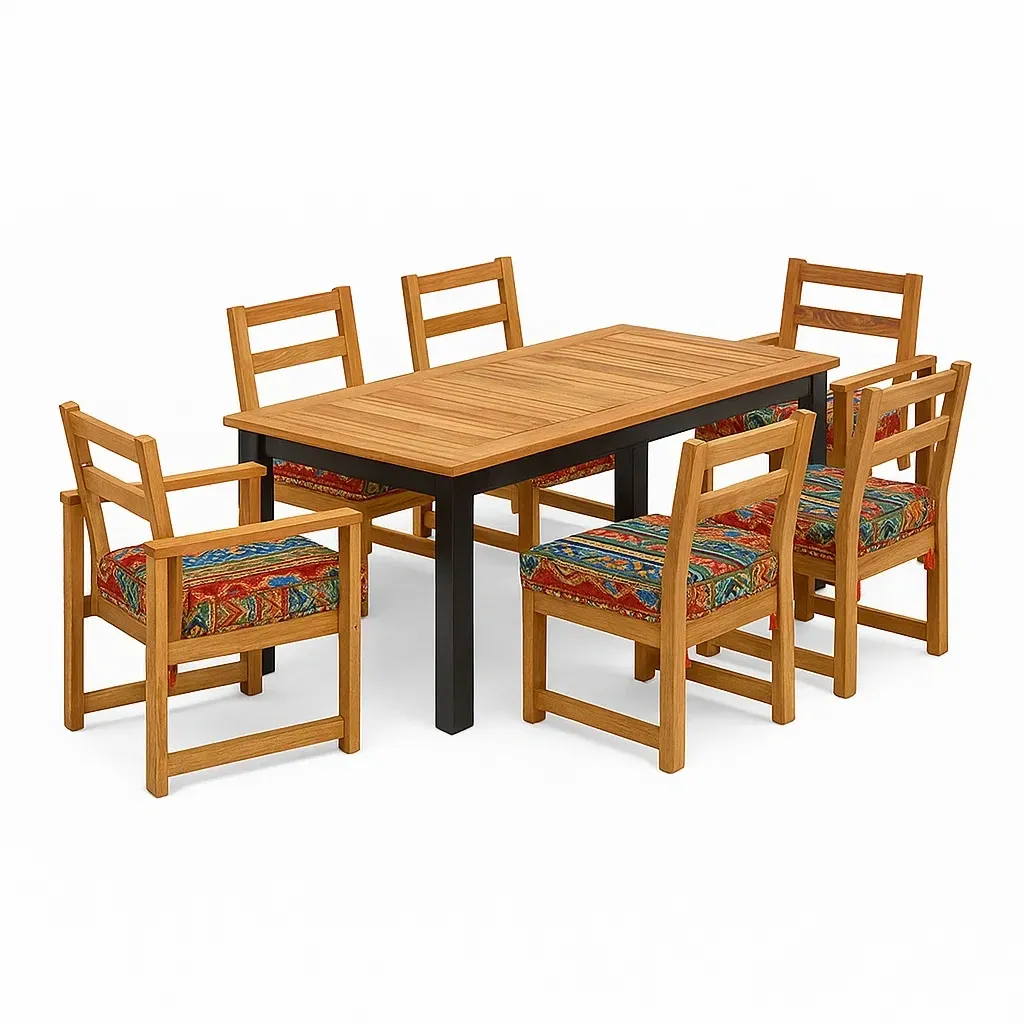 Set da pranzo per patio rettangolare in legno teak e metallo con 6 sedie rivestite in tessuto multicolore