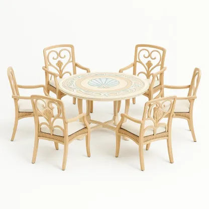 Set da pranzo per patio rotondo in legno con tavolo e 6 sedie intarsiate