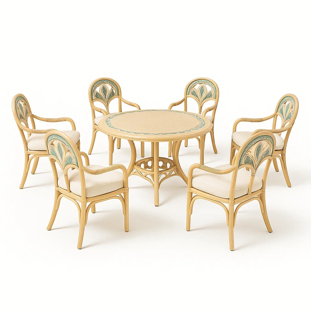 Set da pranzo per patio rotondo con 6 sedie in legno di rattan e tessuto beige