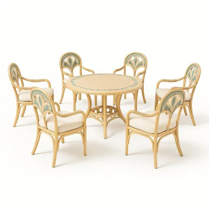 Set da pranzo per patio rotondo con 6 sedie in legno di rattan e tessuto beige