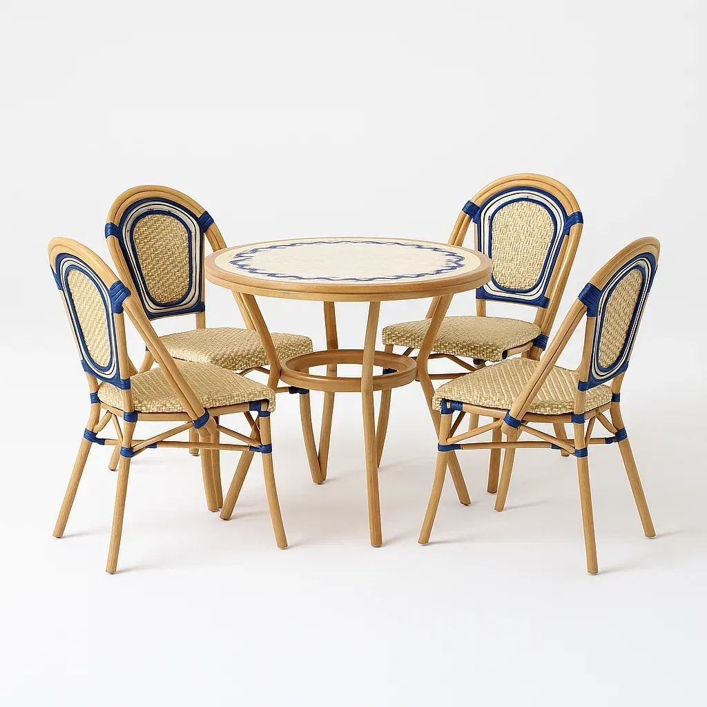 Set da pranzo per patio rotondo in legno e rattan beige e blu