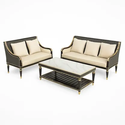 Set divano da interno con divano 2 posti e 3 posti in legno e tavolino effetto marmo