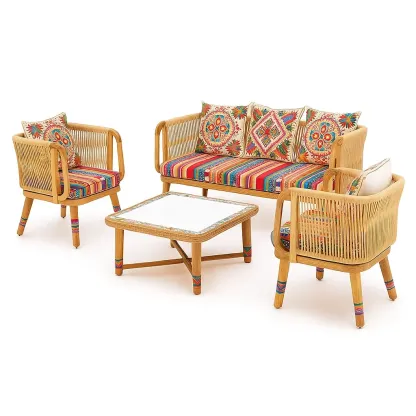 Set divano da esterno in rattan naturale con cuscini