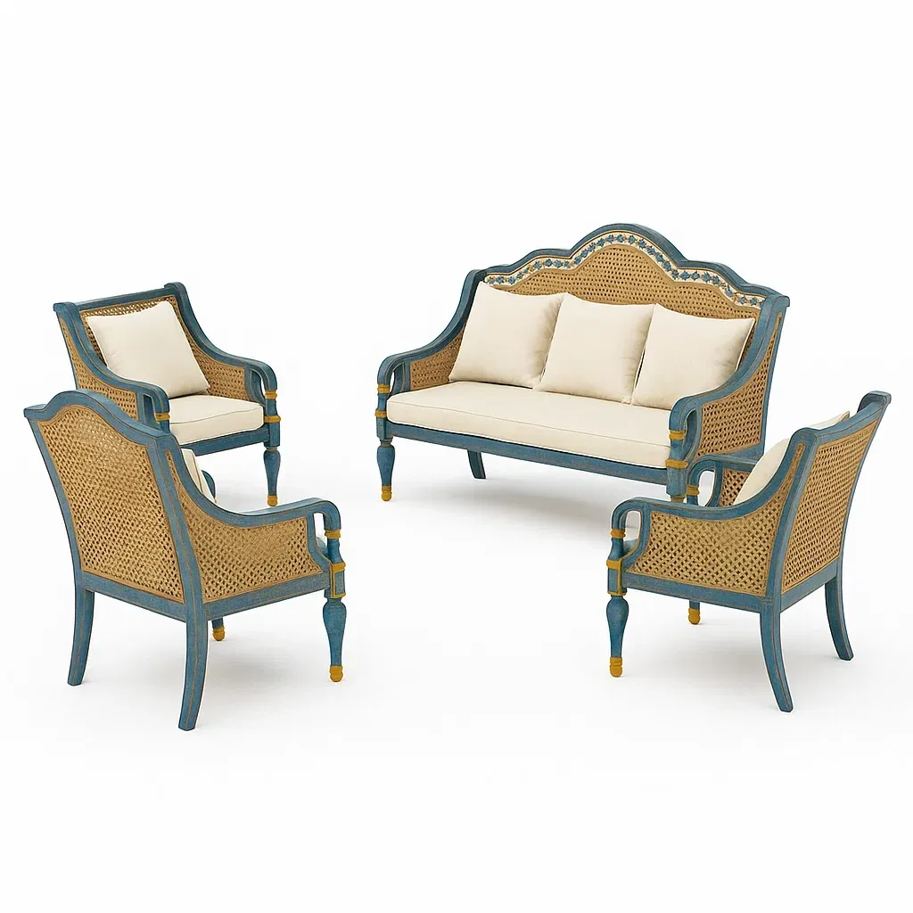 Set divano da esterno in legno e rattan con cuscini