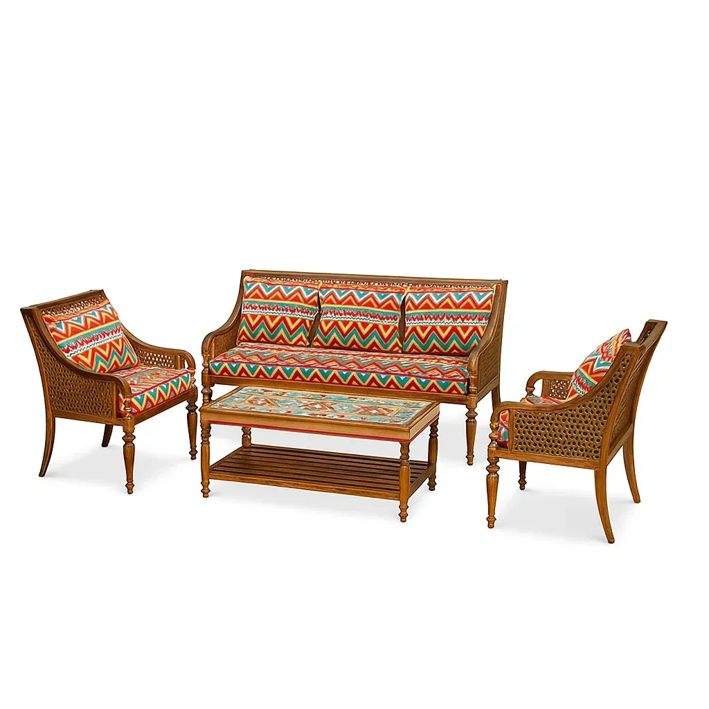 Set divano da esterno in legno con cuscini in tessuto