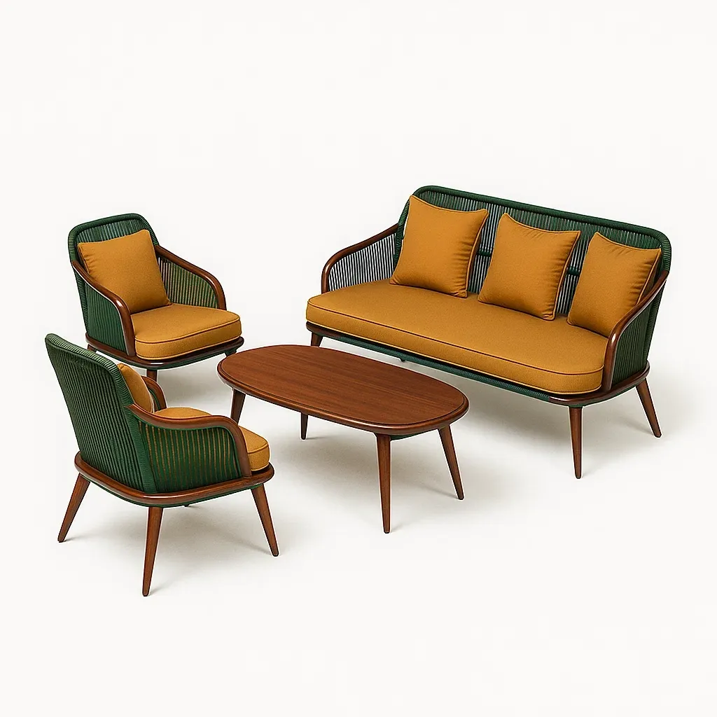 Set divano da esterno in legno e tessuto poliestere con cuscini