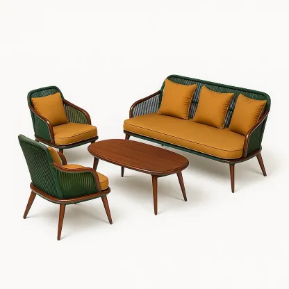 Set divano da esterno in legno e tessuto poliestere con cuscini